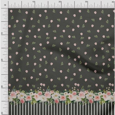 Soimoi Gray Satin Silk Fabric Dot & Floral Panel Printed Craft Fabric by The Yard 42 Inch Wide