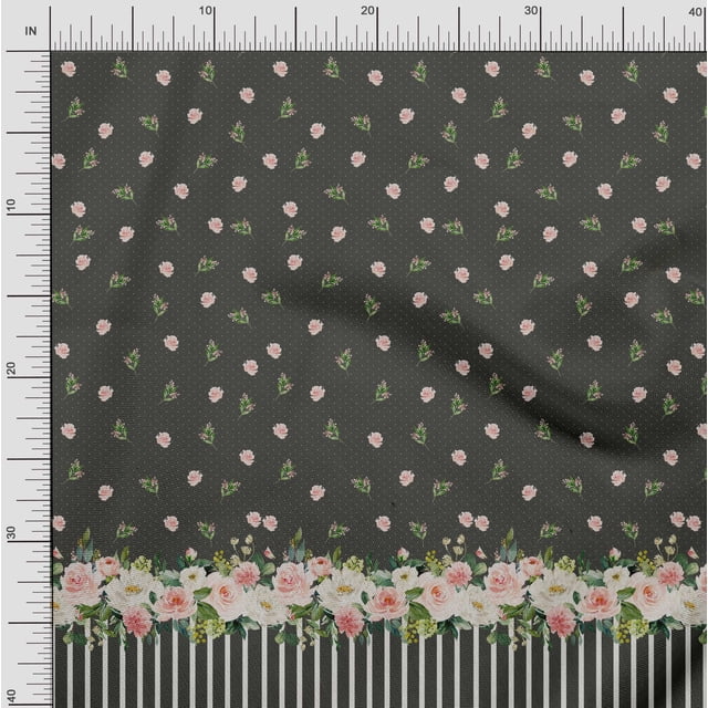 Soimoi Gray Poly Georgette Fabric Dot & Floral Panel Print Fabric by Yard 52 Inch Wide