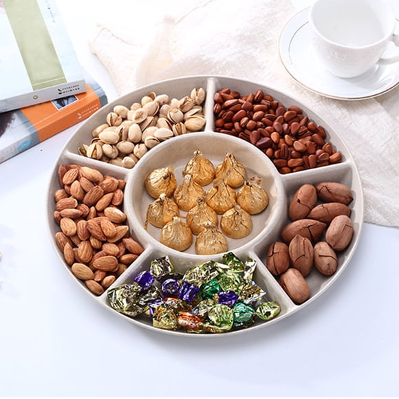 Plastic Nuts Storage Platter Tray, Food Serving Tray with 6 Dining Grids, 12 Inches Dessert Fruit Veggie Food Serve Plate Tray for Party, Family Dinner, Holiday and Home Warming(Beige Disc)