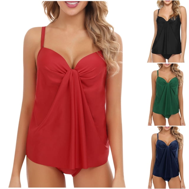 VBTAPA Women's Tankini Swimsuits Tropical Floral Print Two Piece Bathing Suits Flowy Swim Top with Bottom Tummy Control Modest Swimwear Sales of Today Red XL