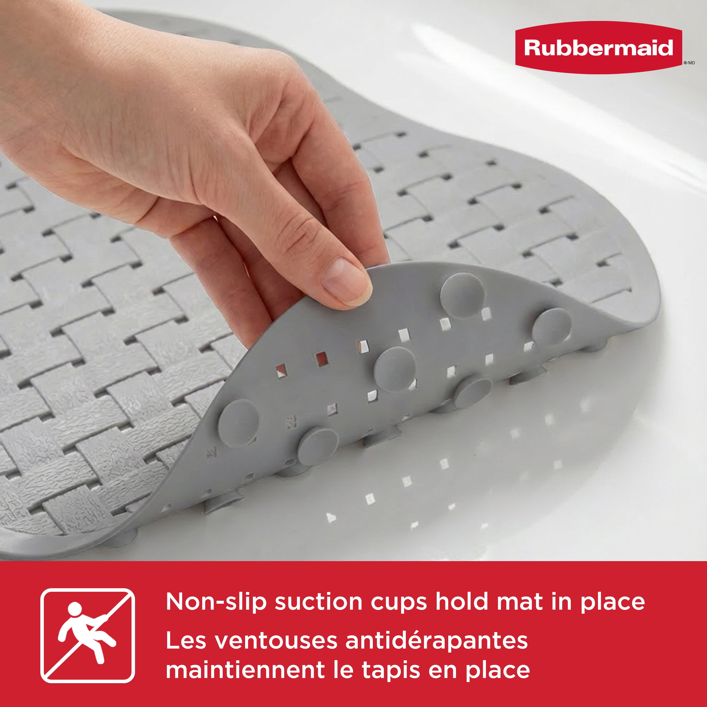 Tapis de baignoire et de douche Instamat Rubbermaid, antidérapant, se suspend à la pomme de douche pour un séchage rapide, 69 x 39 cm, gris clair