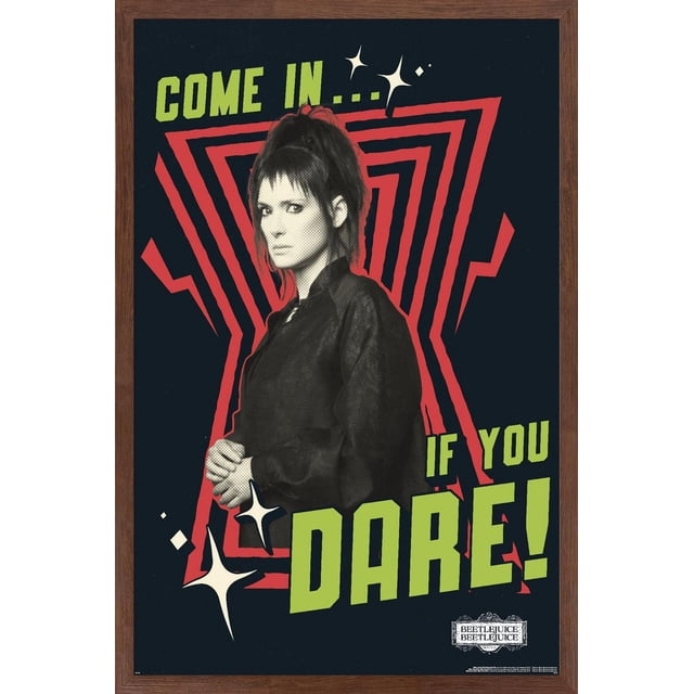 Beetlejuice Beetlejuice - Affiche Murale « Viens Si Tu Oses », 14,725 Po x 22,375 Po Encadrée, Représentant une Figurine Vêtue de Noir devant une Forme de Goutte d'Eau Géométrique Rouge sur un Fond Sombre avec Texte Vert Audacieux « Viens... Si Tu Oses! » et accents d'Étoiles Blanches, Encadrée en Bois, Convient à la Décoration Murale de la Maison Ou d'Une Fête.