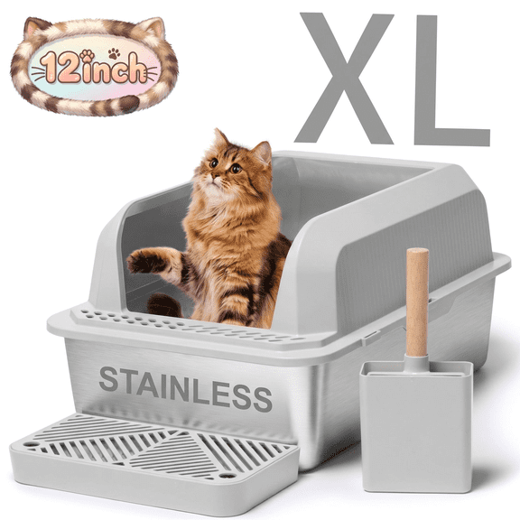 Naipo XL Stainless Steel Cat Litter Box with High Wall Side, 23.5"×15.5"×12", XL Litter Box for Small/Big/Multi Cats, with Scoop and Footboard, Gray