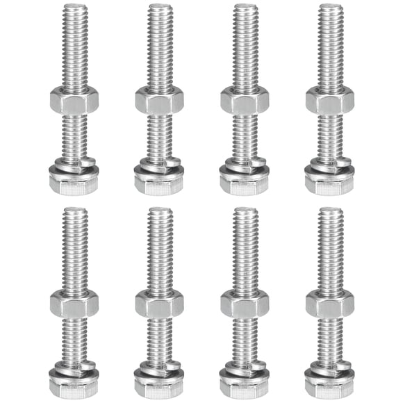 M6 x 45mm Hex Head Screws Bolts, Nuts, Flat & Lock Washers Kits, 304 Stainless Steel Fully Thread Hexagon Bolts 8 Sets