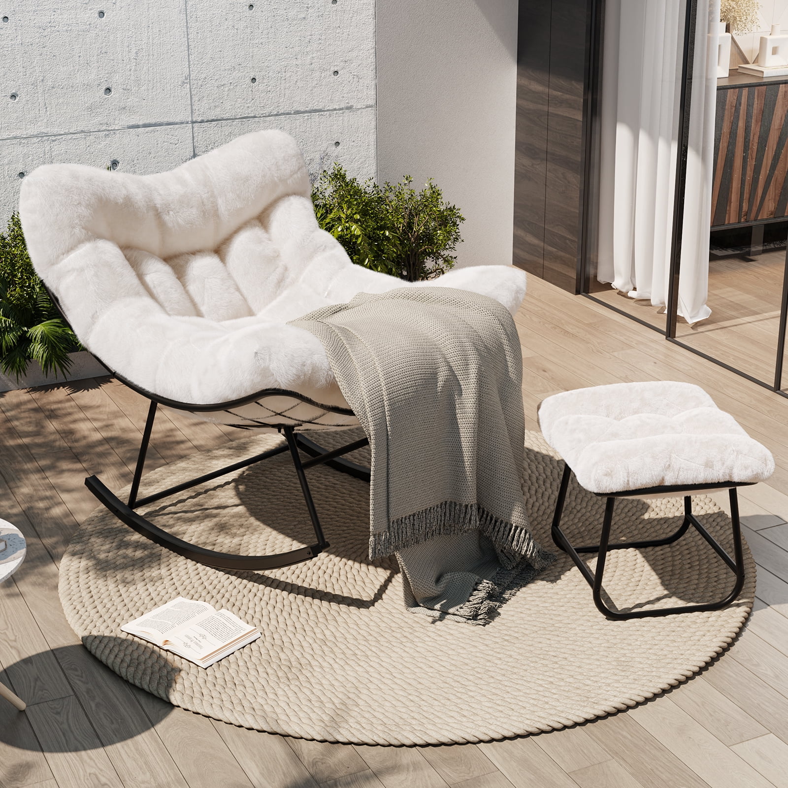 Oversized Papasan Rocking Chair with Footrest, 350Lbs Capacity Indoor/Outdoor Rocker, Metal Frame & Waterproof Cushion, Adjustable Patio Lounge Chair Rattan Egg Rocker