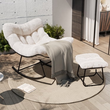 Oversized Papasan Rocking Chair with Footrest, 350Lbs Capacity Indoor/Outdoor Rocker, Metal Frame & Waterproof Cushion, Adjustable Patio Lounge Chair Rattan Egg Rocker
