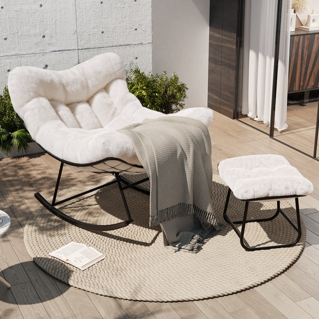 Oversized Papasan Rocking Chair with Footrest, 350Lbs Capacity Indoor/Outdoor Rocker, Metal Frame & Waterproof Cushion, Adjustable Patio Lounge Chair Rattan Egg Rocker