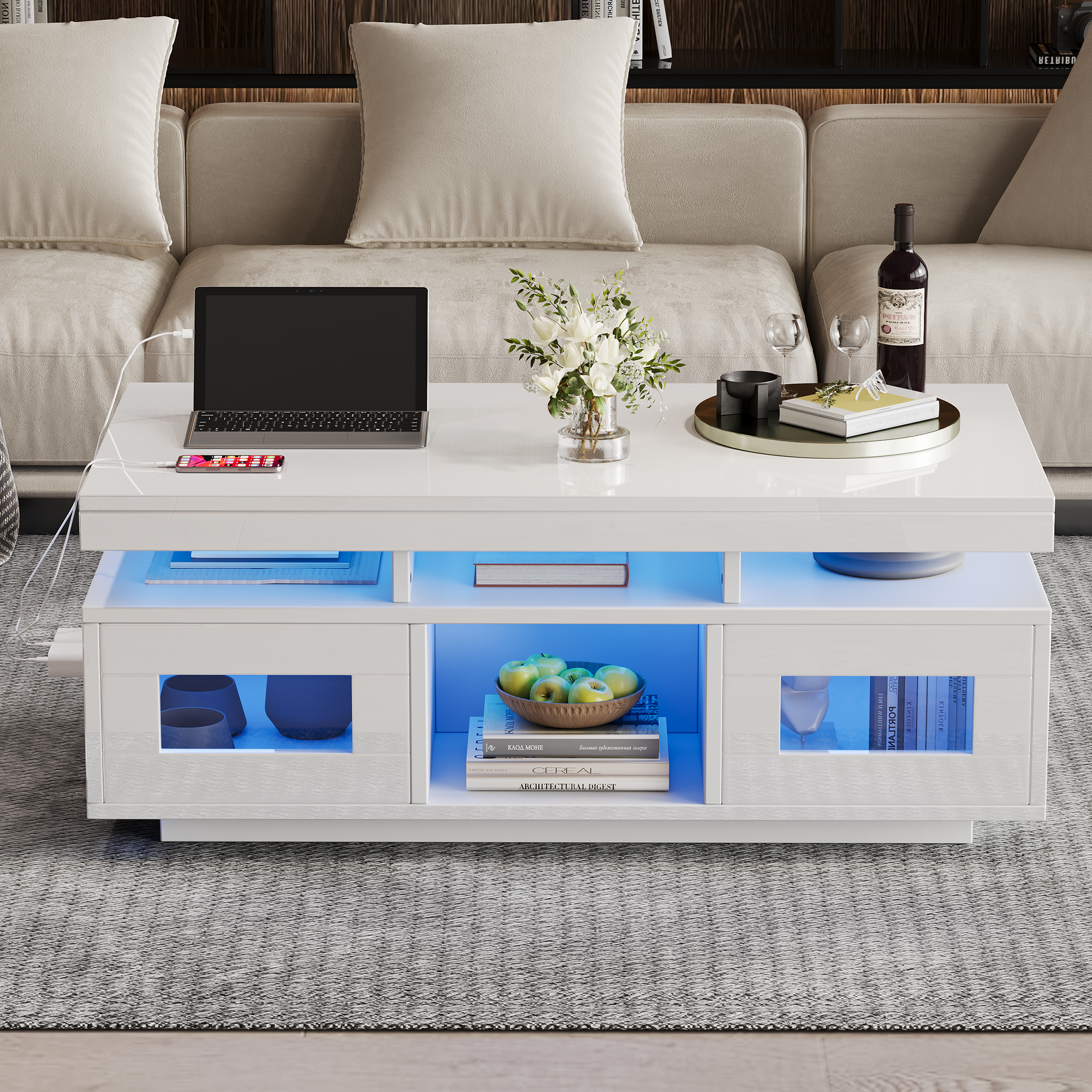 Noble House Table basse haute brillance avec lumières LED, Ports et prises USB, Centre 2 portes et Table d’appoint canapé, blanc