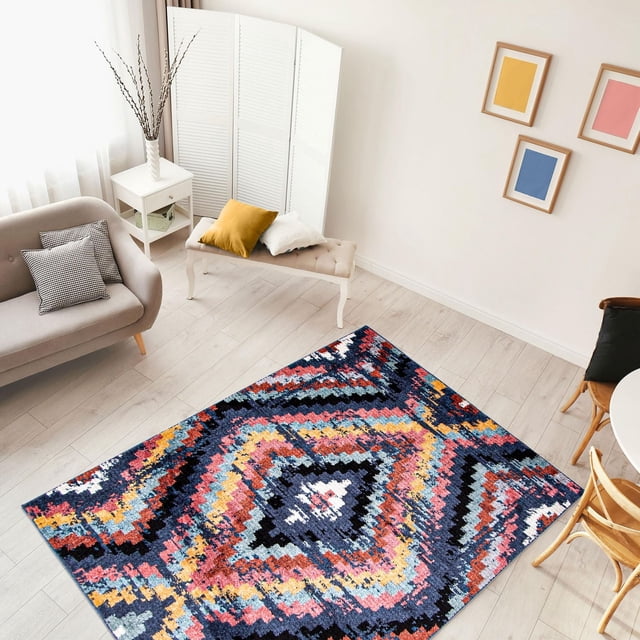 Fluffy ECARPET Boho Chic indoor area rug with vibrant geometric Morocco Casa Collection design on light wood floor in a stylish bedroom corner.