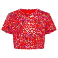 thumbnail image 3 of Haitryli Girls Short Sleeve Colorful Printed Shiny Metallic Round Collar Crop Top Costume for Dance And Performance Red 130, 3 of 7