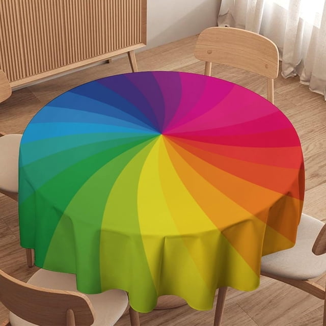 Rainbow Swirl Tablecloth, Colorful Twisted Spiral Rainbow Rays Print Round Table Cover for Party Kitchen Picnic Decor 60x60in
