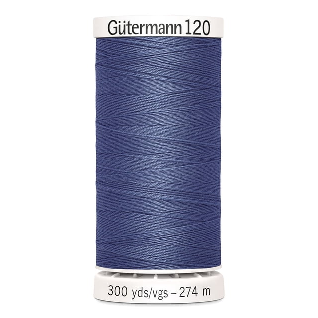 Gutermann 120 100% polyester all purpose thread spool in blue with white plastic ends labeled with brand and 300 yards (274 meters) length, suitable for machine and hand sewing various fabrics including cotton, synthetics, and natural fibers, also ideal for craft and DIY projects.