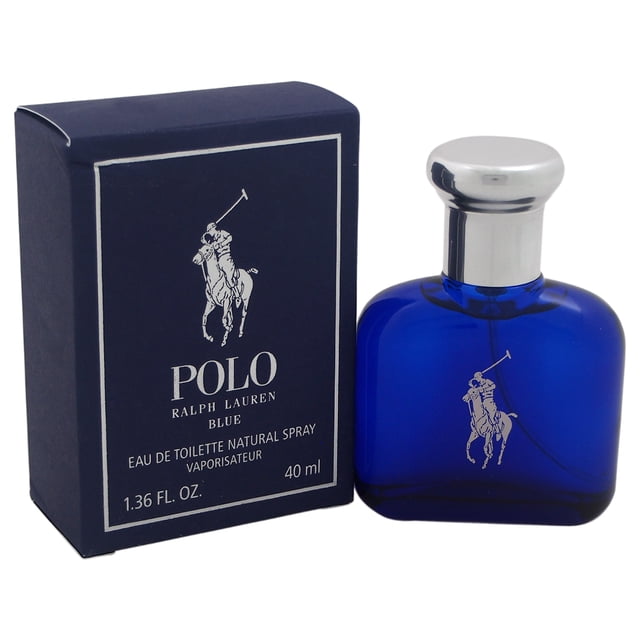 Polo Blue by Ralph Lauren for Men - 1.3 oz EDT Spray. A 40 ml eau de toilette spray featuring a spicy musky scent with notes of basil, verbena, moss, amber wood, patchouli, sheer musk, and tangerine. The product includes a cobalt blue glass bottle with a silver cap and the iconic Ralph Lauren logo, displayed alongside its matching navy blue box.