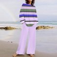 thumbnail image 1 of TIMIFIS Ensemble Violet 2 Pcs d'Automne pour Femmes, Décontracté, Ample, Col Rond, Rayé, Haut à Manches Longues et Ensemble Pantalon à Jambe Grand Uni, 1 of 5