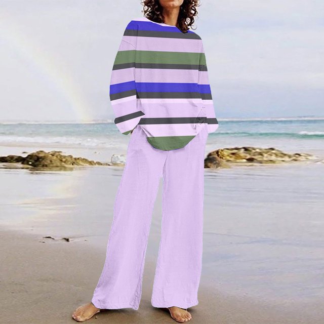 TIMIFIS Ensemble Violet 2 Pcs d'Automne pour Femmes, Décontracté, Ample, Col Rond, Rayé, Haut à Manches Longues et Ensemble Pantalon à Jambe Grand Uni
