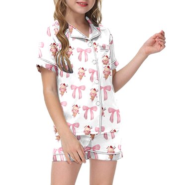 TIWEKE Vêtements Filles 3t, Ensembles de Pyjamas 2 Pcs pour Enfants Imprimé Graphique Manches Courtes Chemise à Boutons Shorts Ensemble de Pyjama, Tailles 5-6 Ans