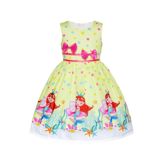 Robe Fille Jaune Décontractée Mermaid Double Nœud Papillon Fête 7-8 Ans