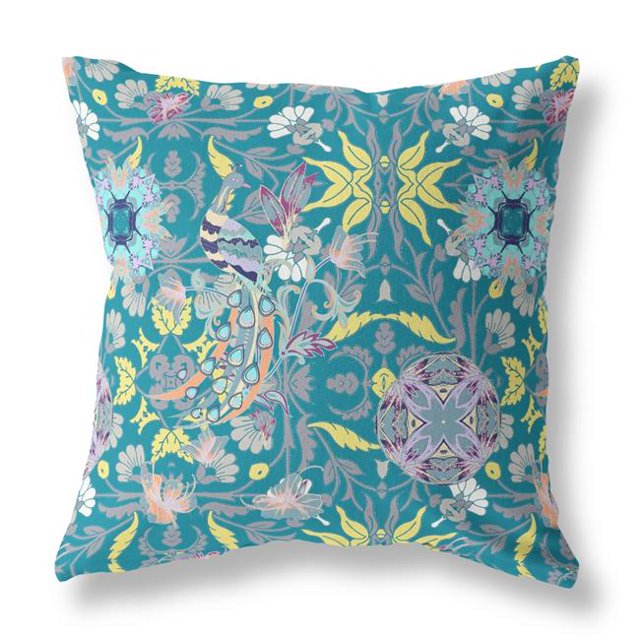 HomeRoots 411321 18 Pouces Paon Intérieur et Extérieur Zip Jeter Oreiller & 44; Vert & 44; Turquoise & Jaune