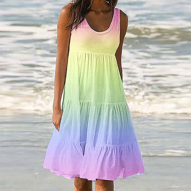 Robes d'Été à Étages pour Femmes 2024 Décontractées Tendance, Robes Soleil à Étages pour Femmes, Robes d'Été pour Femmes Plage Sans Manches à Bretelles Spaghetti Robe Teinture sur Nœuds Dégradé à Volants Fluide Plissée Robes