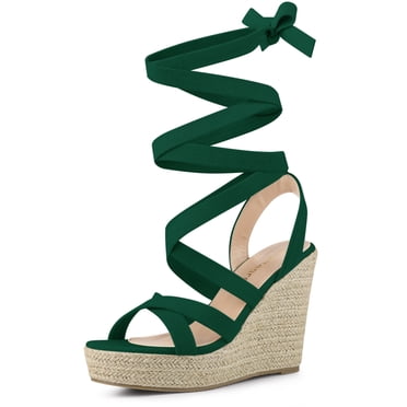 BLISSFUL STEP Sandales Espadrilles à Lacets à Talon Compensé à Brides pour Femme Vert US 7.5