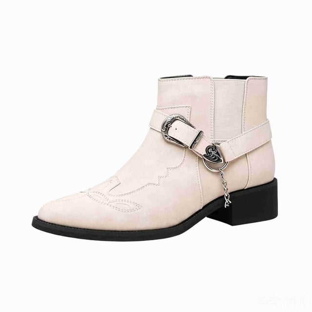 Men's Vintage Embroidered Western-Inspired Ankle Boots, Pointed Toe Elastic Side Slip-On Chelsea Boots with Decorative Buckle & Chain, Low Block Heel