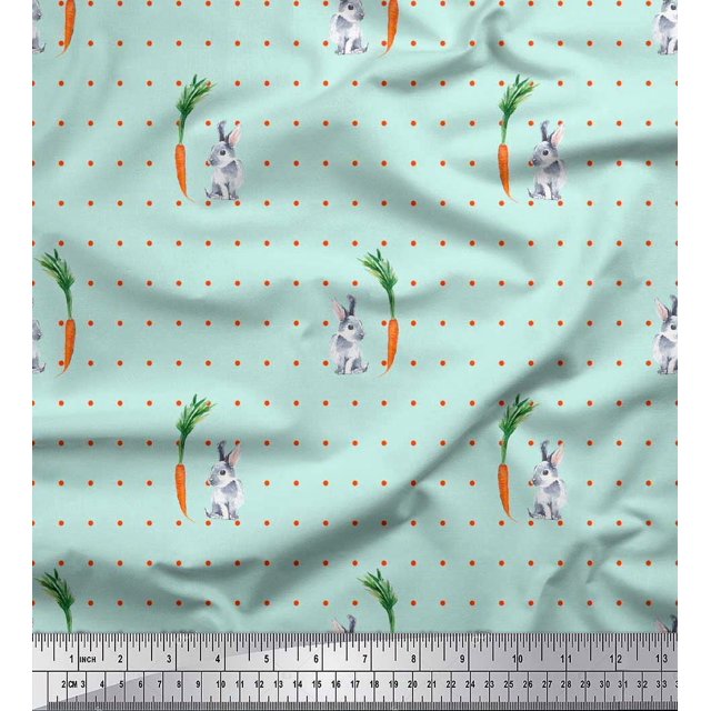 Soimoi Poly Georgette Fabric Carrot & Rabbit Dots Print Fabric by the Yard 42 Inch Wide