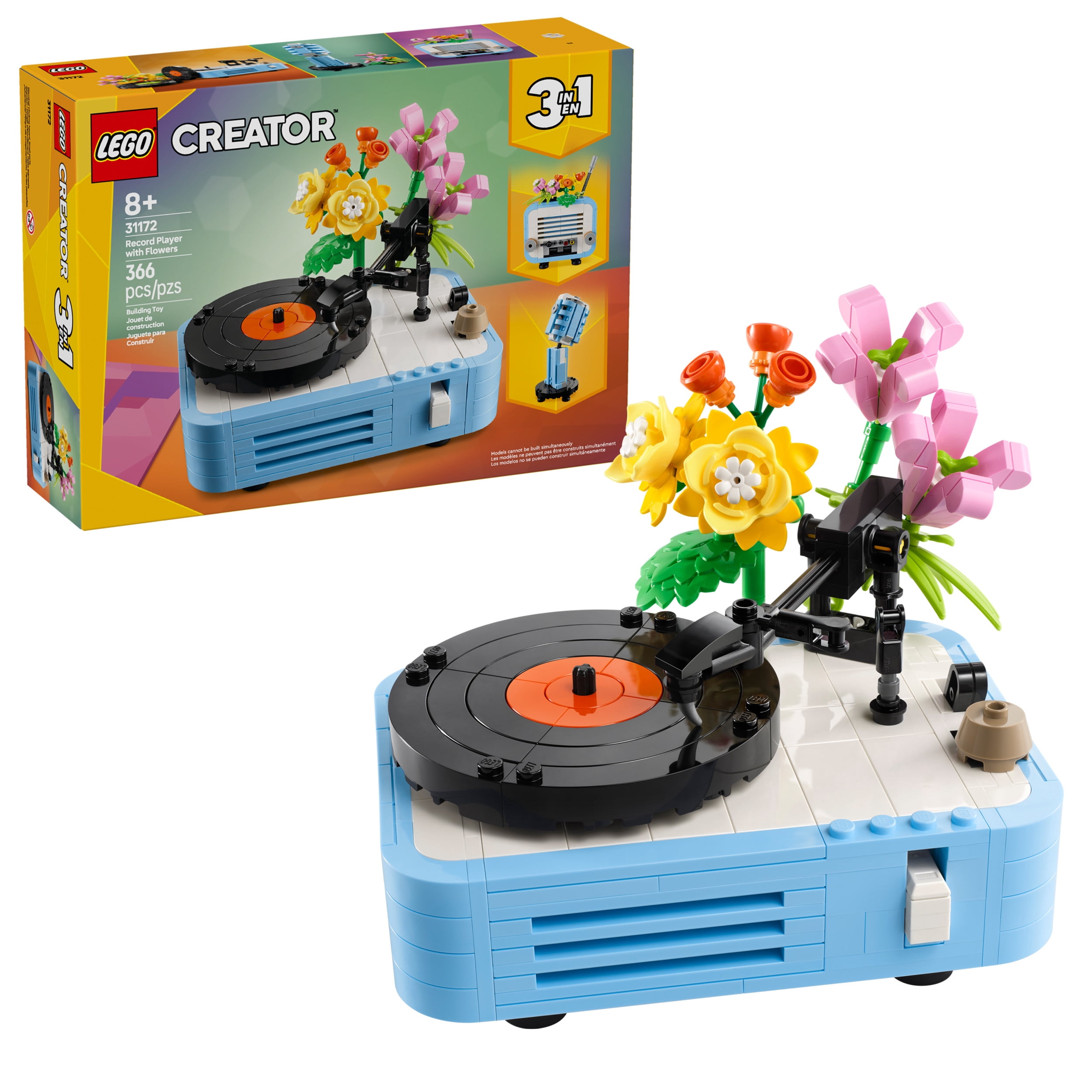 LEGO Creator 3 in 1 Record Player with Flowers - Building Toy with 3 Options, Record Player, Radio, or Microphone - Building Kit for Kids, Boys, and Girls, Ages 8+ - Gift Idea for Birthdays - 31172