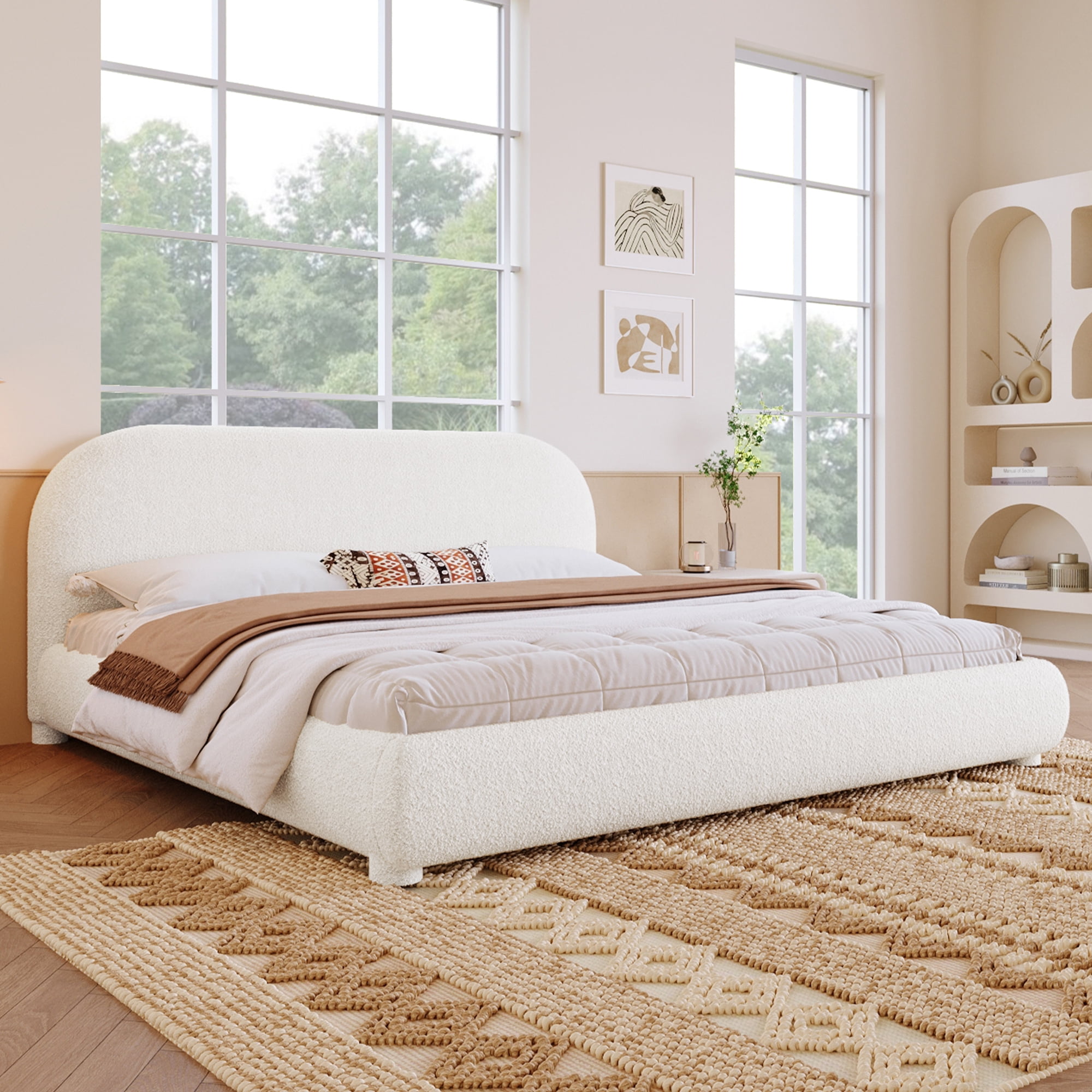 Noble House Lit rembourré Style Queen Cream, tête de lit en tissu texturé courbé avec cadre solide, blanc crémeux