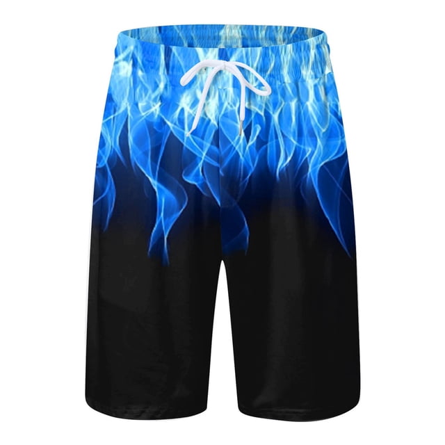 Mens Swimsuit Mesh Lined With Beach Shorts And Pockets Men'S Board Shorts M featuring a vibrant blue flame pattern on a black background. These polyester swim shorts are lightweight, quick-drying, and include a mesh lining, elastic waistband with a white drawstring, and two side pockets. Suitable for summer activities like swimming, beach outings, and casual wear.