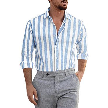 Hontri Men Shirts Fashion Deals under $15, Mens Fashion Casual Striped Linen Buckle Lapel Long Sleeve Shirt Top Blue L