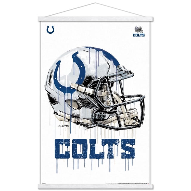 NFL Indianapolis Colts - Affiche Murale Drip Helmet 20 Mettant en Vedette un Casque de football Blanc Centré avec un logo de Fer à Cheval Bleu et un Masque Facial Noir, Accentuée par des Effets de Goutte de Peinture Bleue et du Texte Bleu « Colts » Usé Ci-Dessous, Imprimée sur Papier d'Affiche Lustré avec Supports Adhésifs Adaptés pour une Suspension Facile.
