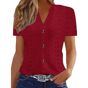 Lenpel Hauts d'Été pour Femmes Tendance Broderie Oeillets Col en V Manches Courtes Chemises Boutonnées Tuniques Décontractées Blouses