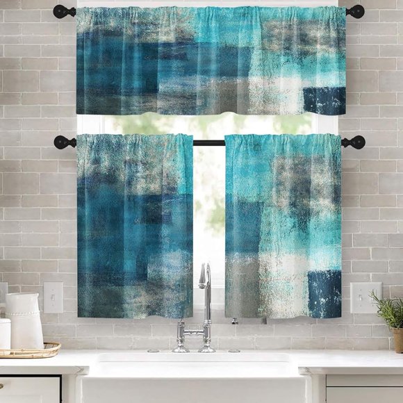 Rideaux de Cuisine Turquoise, Rideaux de Fenêtre Teal Grey, Cantonnière et Ensemble de Panneaux 36 Pouces, Petit Rideau Court Moderne à Passe-Tringle, Petits Rideaux de Café Art Abstrait pour Déco de Cuisine
