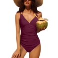 thumbnail image 3 of Charmo Maillots de Bain une Pièce pour Femmes à Col en V, Froncés, Gainants, Monokini, 3 of 6