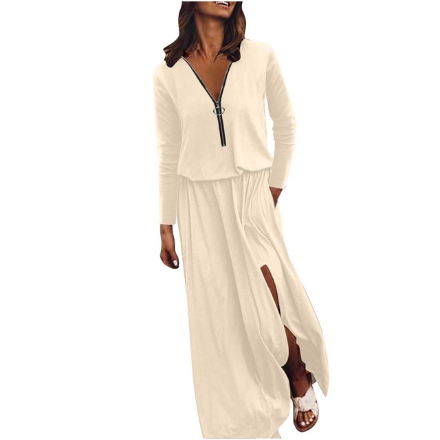 Gspmoly Robes pour Femmes, Robe Décontractée pour Femmes à Taille Élastique à Manches Longues avec Fermeture Éclair, Robe à Col en V, Offres du Jour sur les Robes Habillées pour Femmes