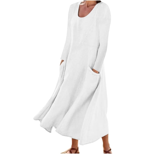 XZNGL Robe à Manches Longues Femme Mode Femmes Robe à Manches Longues Couleur Unie Coton Lin Col Rond Robe avec Poches Robe à Manches Longues pour Femmes Robe à Manches Longues pour Femmes Robe Longue à Manches Longues pour Femmes