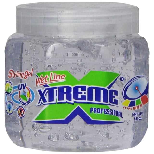 Wet Line Xtreme Gel Clear, 8.8 oz, a clear styling gel in a transparent jar with a screw-on lid. The label displays the Xtreme Professional logo in green and blue, emphasizing its alcohol-free formula, UV protection, and aloe vera scent. Provides extra hold and a long-lasting wet look for versatile hair styling.
