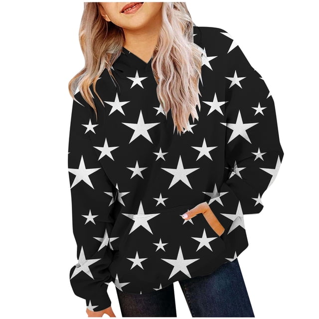 FAOWME Sweat à Capuche Imprimé à Manches Longues pour Filles Chandail Noir 4-5 Ans