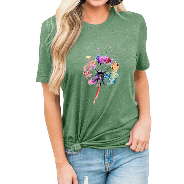 MY Women Short Sleeve Colorful Dandelion Print Crew Neck Plain Tee Shirt