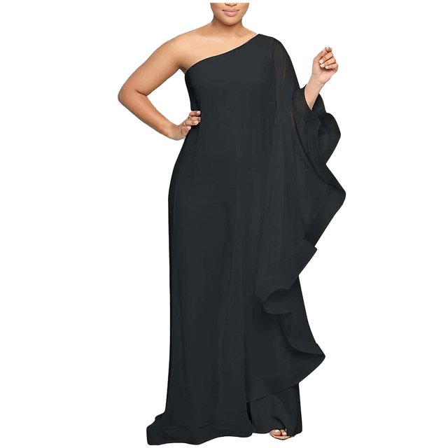 Ensemble Assorti Combinaisons pour Femmes une Épaule Soirée Cocktail Semi-Formel Robe Maxi Pantalon Tenue 2 Pcs Survêtement S-111 Noir TG