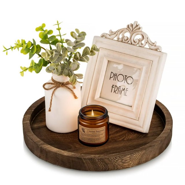 CHUANK Wood Round Tray 11” Rustic Decorative Small Tray for Table Decor Whitewashed