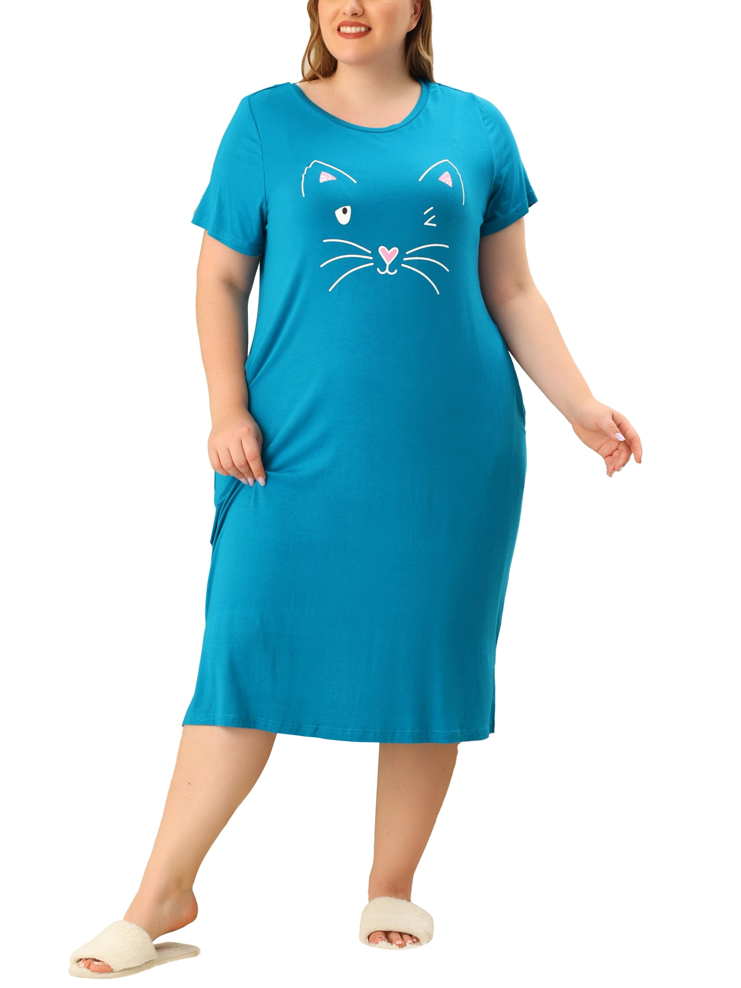 Agnes Orinda Nuisettes pour Femmes Grande Taille Fête des Mères Col Rond Manches Courtes Robe de Nuit Imprimé Chats Pyjamas Détente Maison avec Poche 3X Bleu Paon