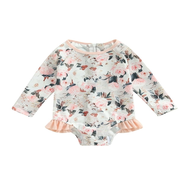 Toddler Baby Girl Jumpsuit Swimsuit Flower Print Long Sleeve Ruffle Spring Summer Bikini Bathing Suit Green 9-12 Months