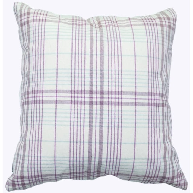 Homeport Textiles Pink Check Decorative Throw Pillow with a square shape featuring a pink and light blue check pattern on white fabric, reversible with a removable polyester insert, ideal for sofa, chair, or lounger decor and seasonal style updates.
