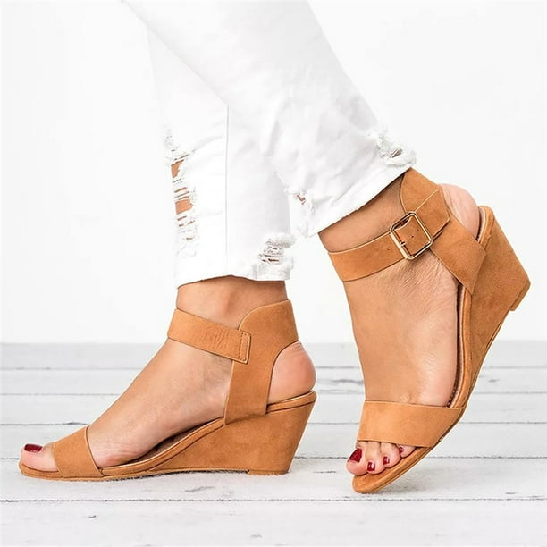 SMihono Sandales Sandales de Plage Femmes Été Décontracté Femmes Couleur Unie Bout Rond Talon Compensé Boucle Suède Sandales Basses Chaussures Pantoufle en Liquidation