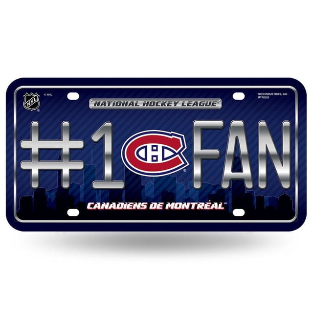 NHL Montreal Canadians License Plate measuring 6 by 12 inches, made of durable metal with a high gloss vinyl finish, featuring a blue background with a city skyline silhouette, silver embossed '#1 FAN' text, the official red, white, and blue Canadiens logo centered, and 'Canadiens de Montréal' in red and white at the bottom, with pre-drilled holes for easy mounting, ideal for vehicle decoration or display in a home or office.