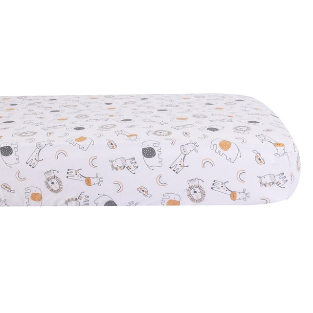 George Baby Fitted Jersey Crib Sheet with white background and animal prints including lions, giraffes, elephants, and zebras in soft orange and grey, made of 100% cotton jersey fabric sized for standard crib mattresses, ideal for nursery bedding.