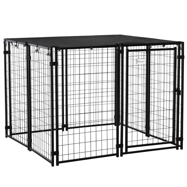 PawHut Enclos Extérieur pour Chien avec Couvercle Supérieur, Porte, Noir. Ce Enclos Présente un Cadre en Fil d'Acier Robuste avec une Finition Noire, une Porte Verrouillable pour la Sécurité et un Intérieur Spacieux Convenant aux Chiens de Petite à Moyenne Taille. le Couvercle Supérieur en Tissu HDPE Offre de l'Ombre et une protection contre le Soleil. le Enclos Est Léger, Facile à Assembler, et Mesure 55,5 Pouces de Longueur, 55,5 Pouces de Largeur et 44,5 Pouces de Hauteur.