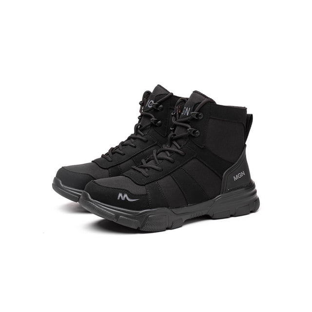 Woobling Unisex Protection Boot High Top Work Shoes Steel Toe Safety Shoe in black, size 8. Industrial safety boots with microfiber upper, rubber outsole, lace-up fastening, and round toe design. Ideal for construction, outdoor activities, and tough work environments with anti-skid tread and puncture-resistant midsole.