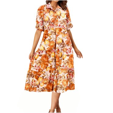 Pisexur Womens Summer Dresses Fashion Bohemian Floral Print Maxi Dress Casual Flowy Elastic Waist Sundress Short Sleeve V Neck Button Sun Dress Tiered Swing Beach Long Dress with Pockets